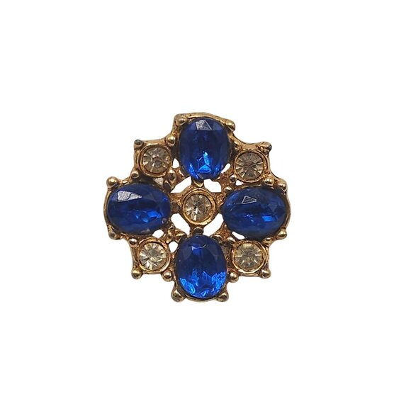 Vintage Gold Tone Pin Brooch With Blue Clear Rhinestones - Picture 1 of 4